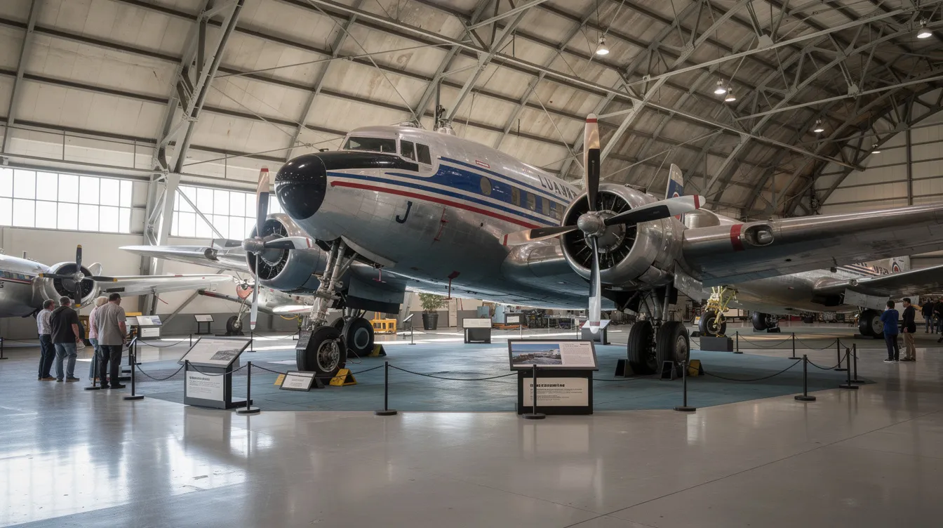 The image shows a vintage Douglas DC-9 aircraft displayed inside an aviation museum hangar, highlighting its sleek fuselage and rear-mounted engines. This classic jetliner, associated with airlines like Delta and Northwest, serves as a tribute to decades of passenger operations and flight testing in aviation history.