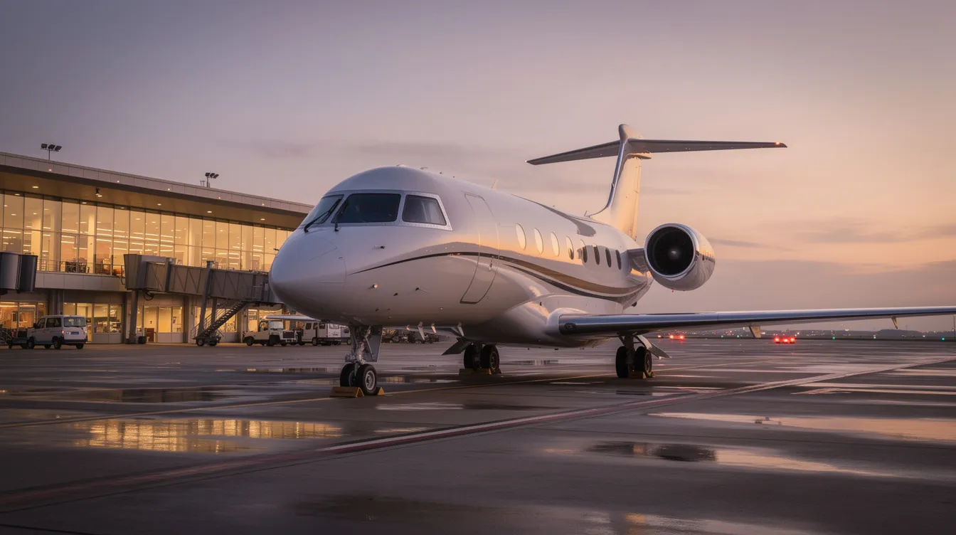 A private jet is parked on the tarmac at dusk, with a terminal building visible in the background, highlighting the serene atmosphere of the private aviation experience at a New York airport. The scene captures the elegance of private charter flights as the day transitions into night.