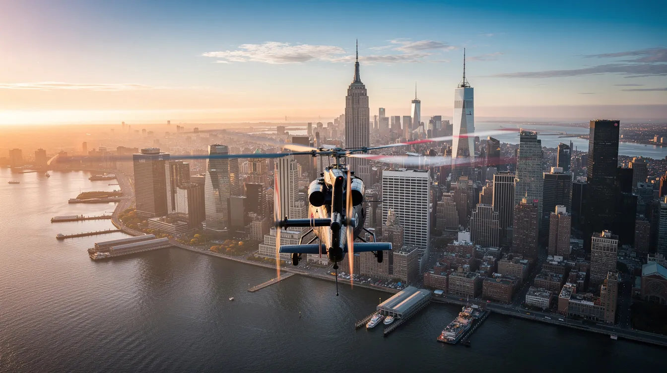 A helicopter soars over the Manhattan skyline, providing a stunning view of the iconic skyscrapers and the Hudson River below. This aerial perspective captures the vibrant essence of New York City, with landmarks like the George Washington Bridge visible in the distance.