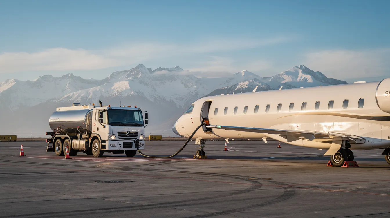 A fuel truck is refueling a white business jet on an airport ramp, with majestic mountains in the background. The scene highlights the importance of aviation fuel, specifically jet fuel, in supporting the operations of aircraft in various environments.