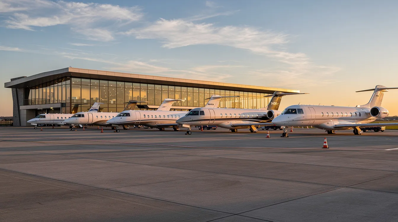 The image features a modern Fixed Base Operator (FBO) facility characterized by large glass windows, with several business jets parked on the ramp, showcasing the vibrant world of aviation. This scene highlights the importance of aviation fuel and services in supporting aircraft operations at airports.