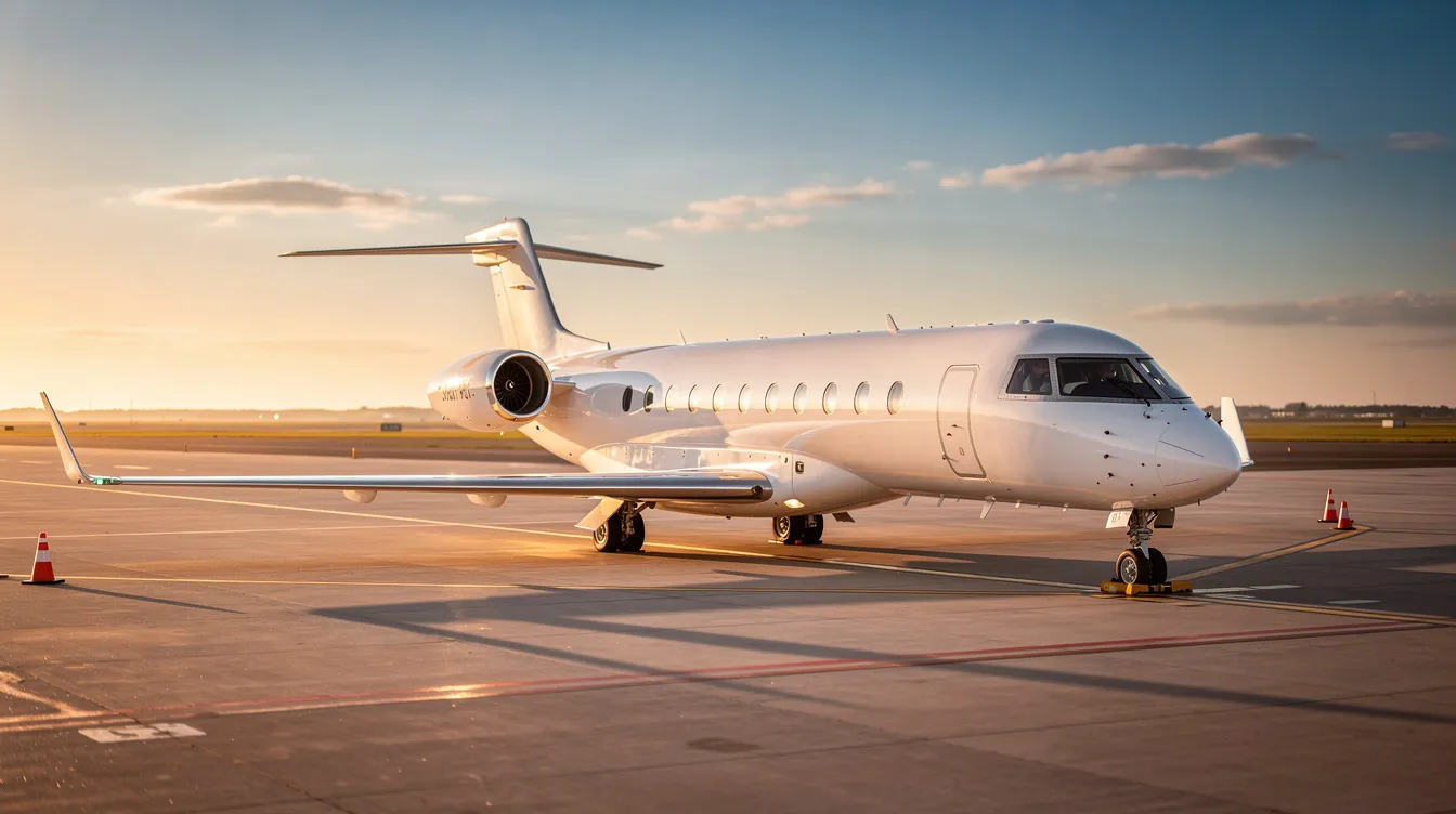 A sleek private jet is poised for departure on a sunlit tarmac, with its jet engine gleaming under the bright sunlight, ready to soar into the skies. The scene highlights the world of aviation, emphasizing the importance of jet fuel and the services that support aircraft operations.