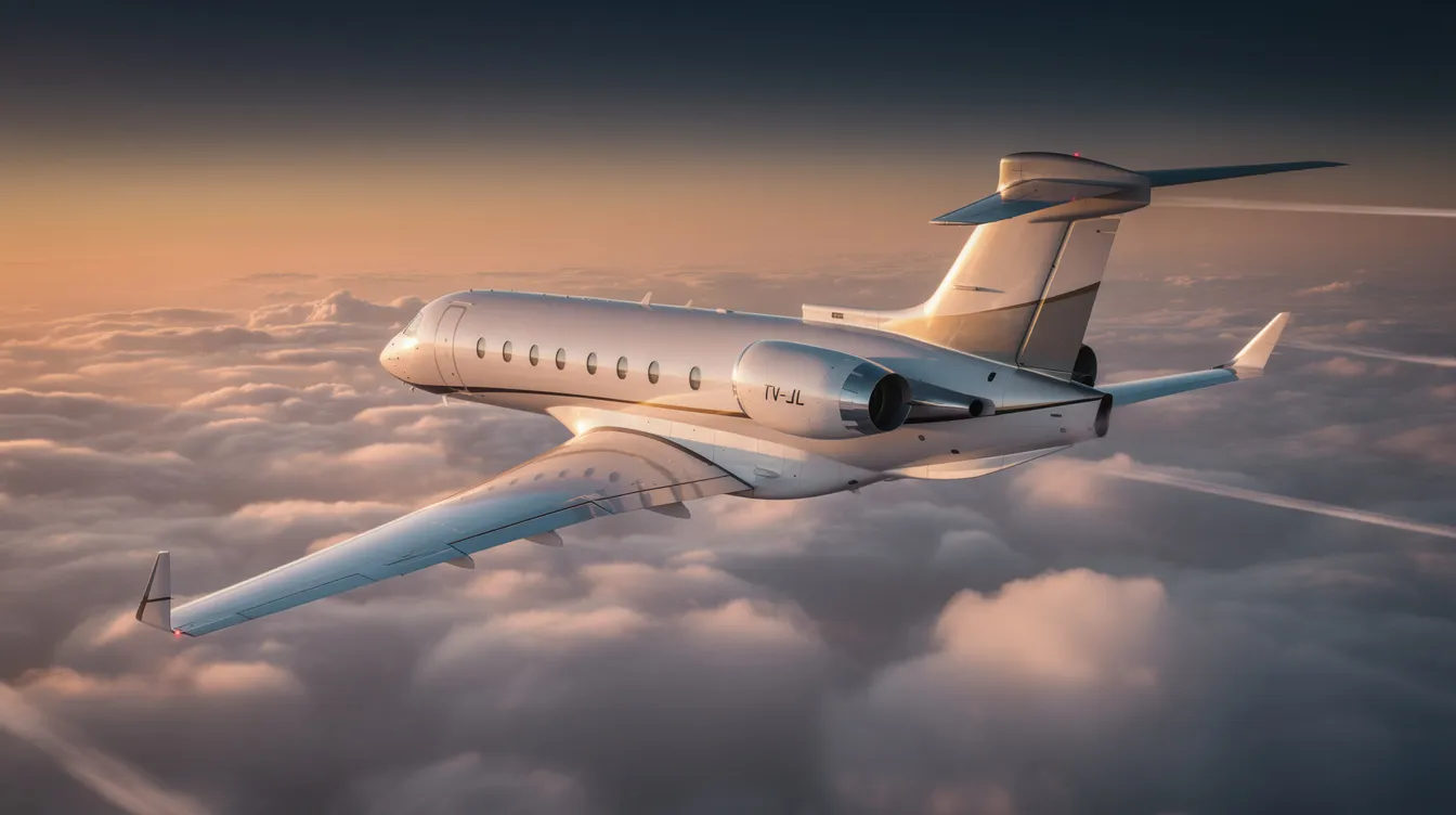 A sleek midsize business jet is soaring gracefully above a sea of fluffy clouds, illuminated by the warm hues of a sunset. The aircraft, powered by advanced jet engines and aviation fuel, exemplifies luxury and efficiency in the world of aviation.