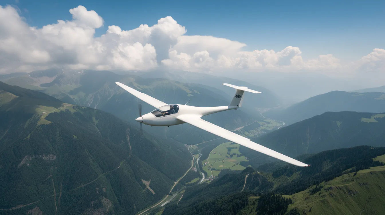 A sleek white motor glider is soaring gracefully over lush green mountain valleys, with fluffy clouds dotting the blue sky in the background. This powered aircraft showcases excellent gliding performance as it effortlessly navigates the air, embodying the freedom of powered flight.
