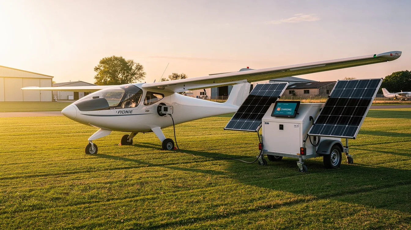 The image shows a modern electric motor glider parked at a small grass airfield, next to a solar charging trailer. This self-launching motor glider is designed for powered flight, showcasing its sleek fuselage and spacious cockpit, while the solar trailer highlights the use of sustainable energy for charging its batteries.
