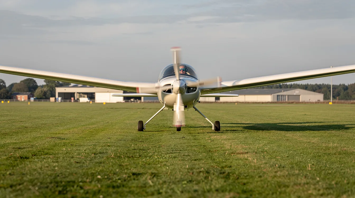 A self-launching motor glider takes off from a grassy runway, showcasing its retractable propeller as it ascends into the air. The aircraft's sleek fuselage and wings are designed for excellent gliding performance, making it an ideal choice for glider pilots seeking powered flight.