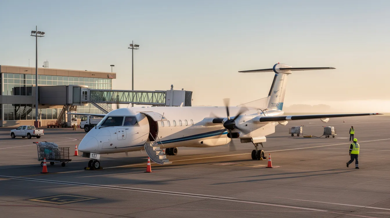 A regional turboprop aircraft, specifically a Dash 8 from de Havilland Canada, is parked at a small airport terminal, showcasing its sleek design and quiet engine power. The aircraft is equipped to provide improved performance and passenger comfort, making it suitable for short-haul flights.
