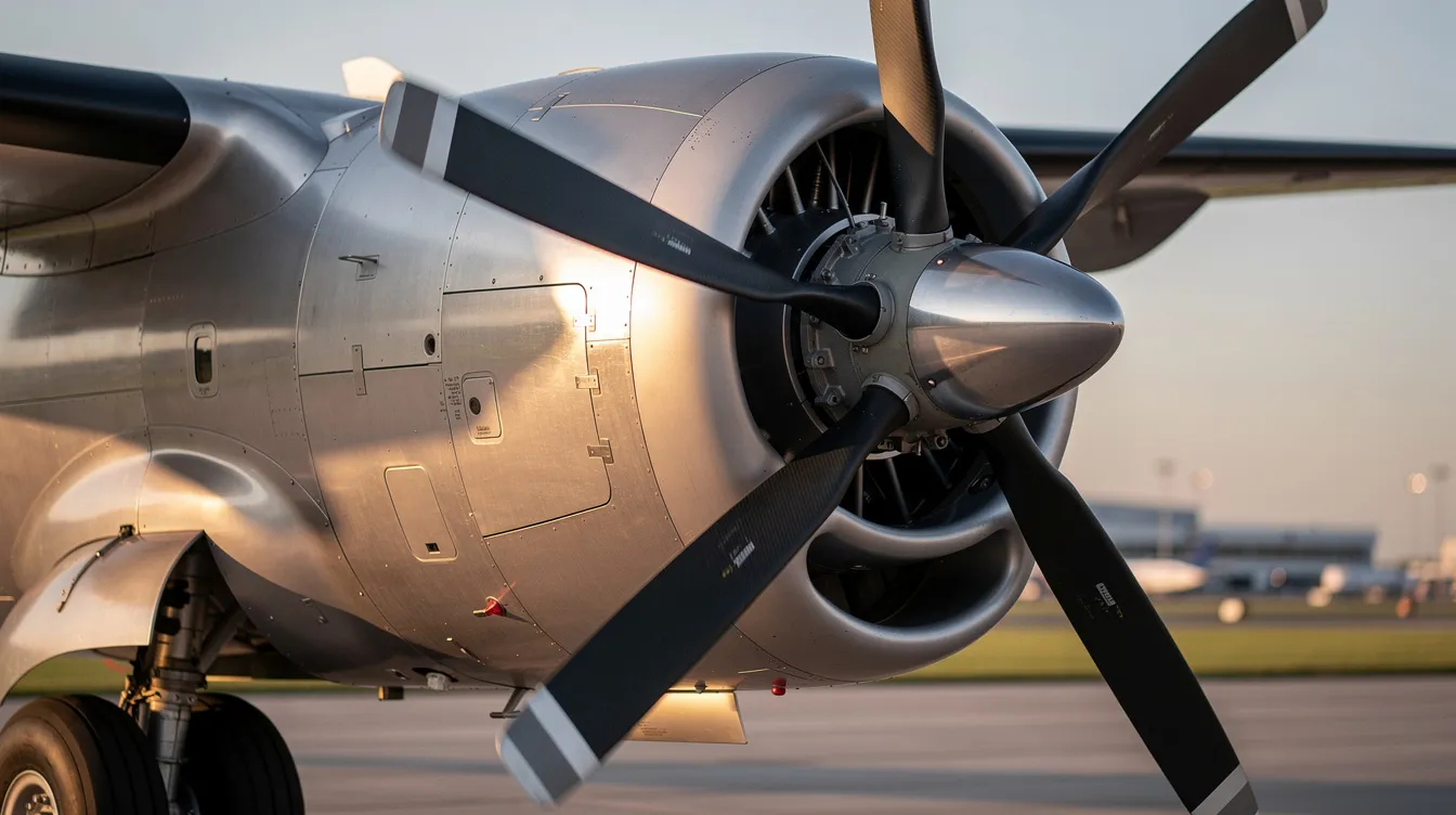 A close-up view of a turboprop aircraft engine and propeller, showcasing the intricate design and technology that enhance engine power and improve cruise performance. This image highlights the de Havilland Canada Dash 8 engine, known for its efficiency and lower operational costs, making it suitable for airlines and passenger comfort during flights.