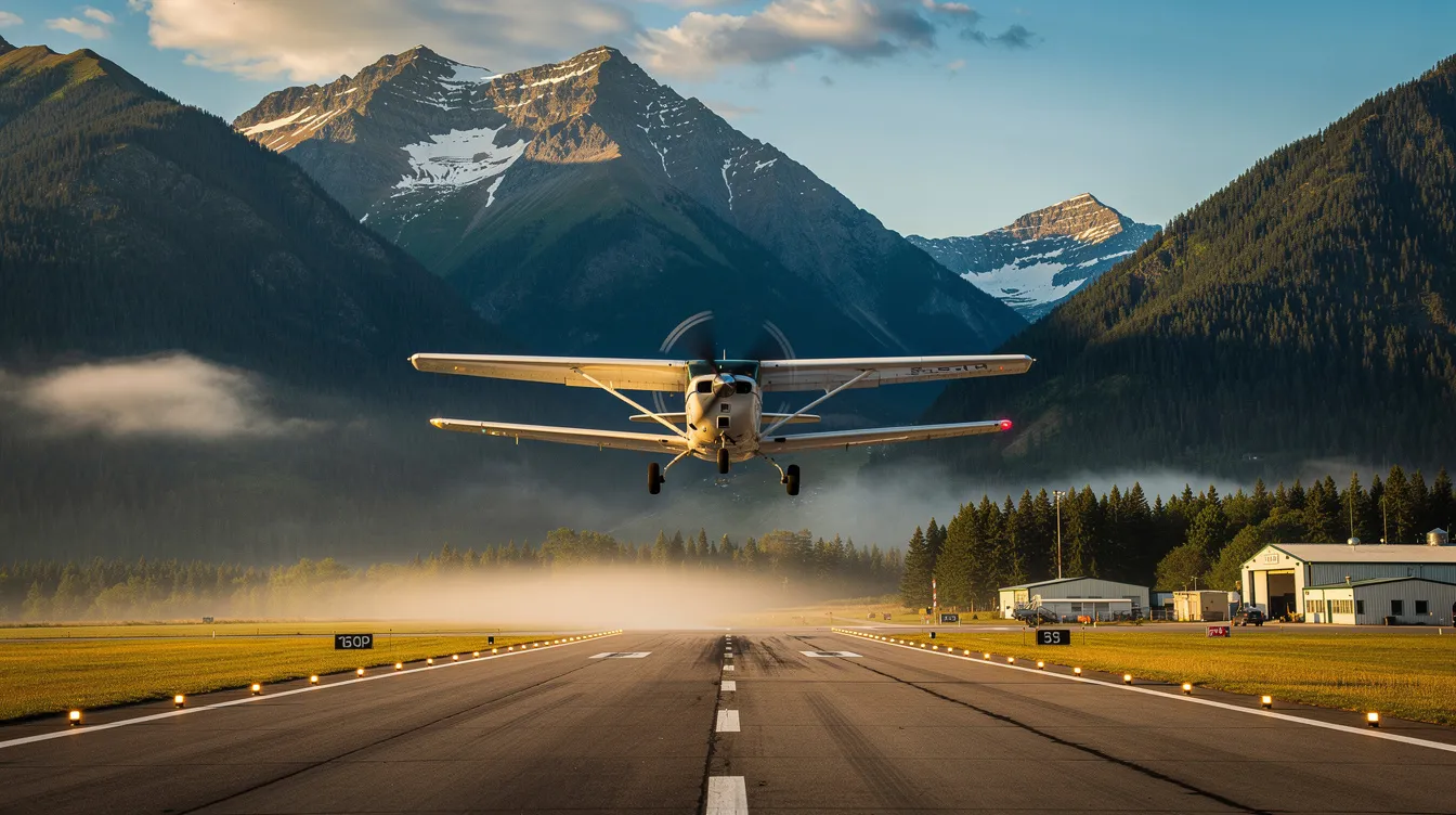 A small de Havilland Canada Dash 8 aircraft is landing at a regional mountain airport, showcasing its impressive performance and passenger comfort as it approaches the runway. The aircraft's quiet engine power and improved cruise performance highlight its ability to operate efficiently in challenging environments.