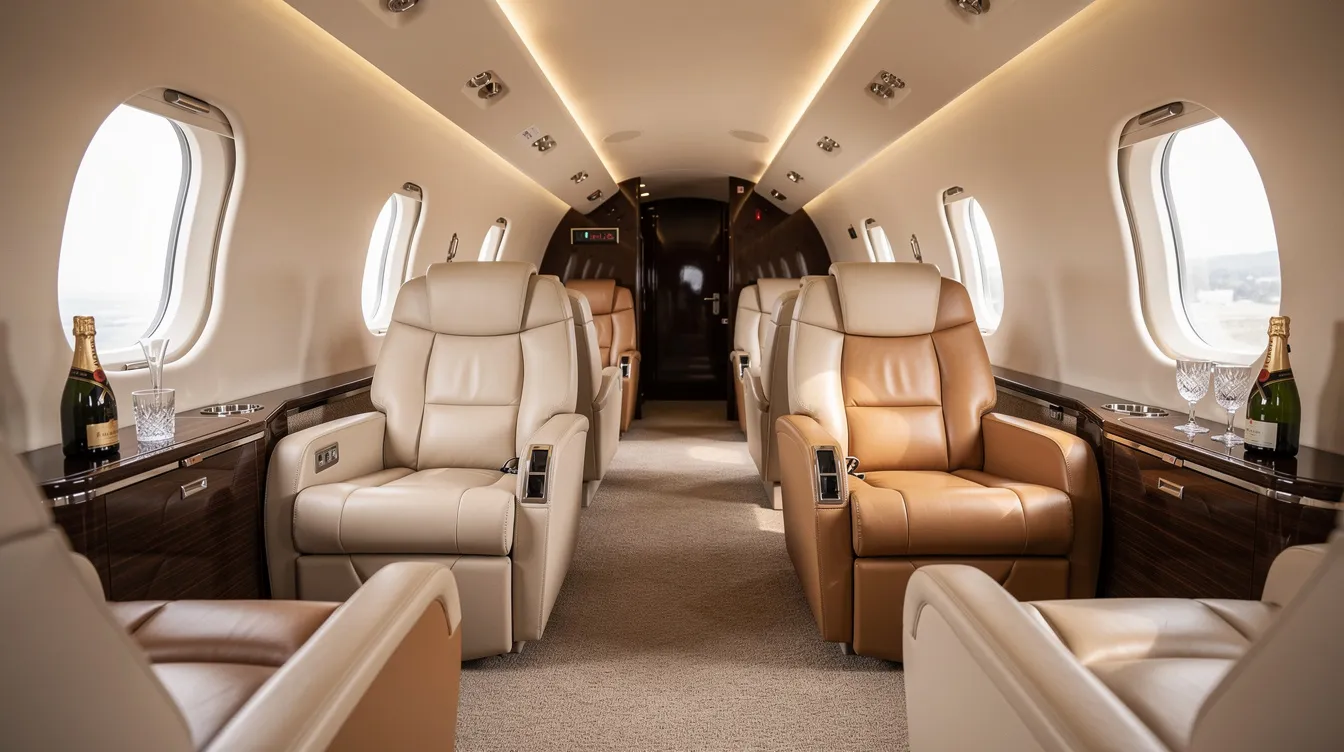 The image showcases a luxurious private jet cabin interior featuring plush leather seating, perfect for high-end private aviation travel. This opulent space is designed for comfort and style, ideal for those flying to major events like the Super Bowl or departing from Bay Area airports.