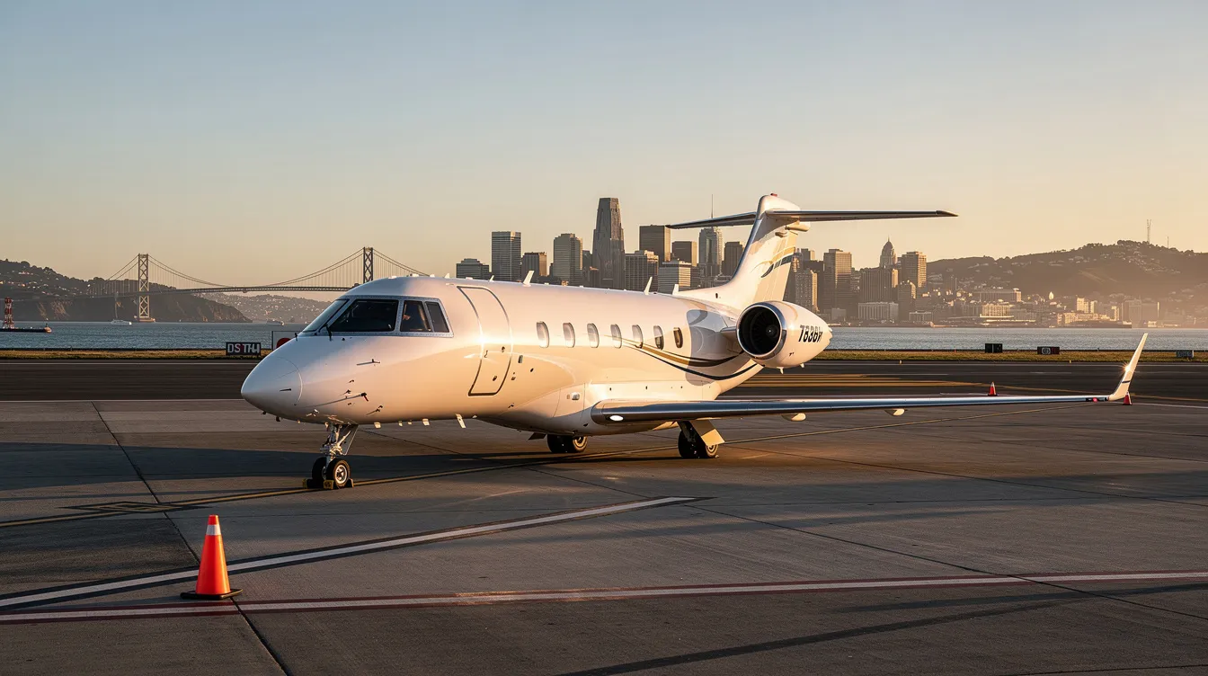 A sleek private jet is parked on the tarmac of San Francisco International Airport, with the stunning skyline of the San Francisco Bay Area visible in the background. This scene captures the essence of private jet travel, especially during high-demand events like the Super Bowl weekend, when private jet departures are at their peak.