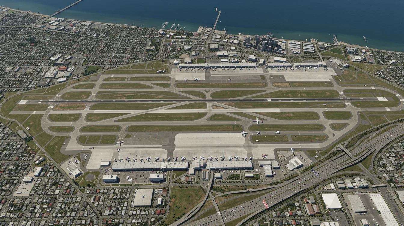An aerial view showcases multiple runways at various Bay Area airports, including San Francisco International Airport and San Jose Mineta International Airport, bustling with private jets and commercial airliners. This scene captures the high demand for private jet travel during significant events like the Super Bowl, with several aircraft preparing for departures and arrivals in the vibrant San Francisco Bay Area.