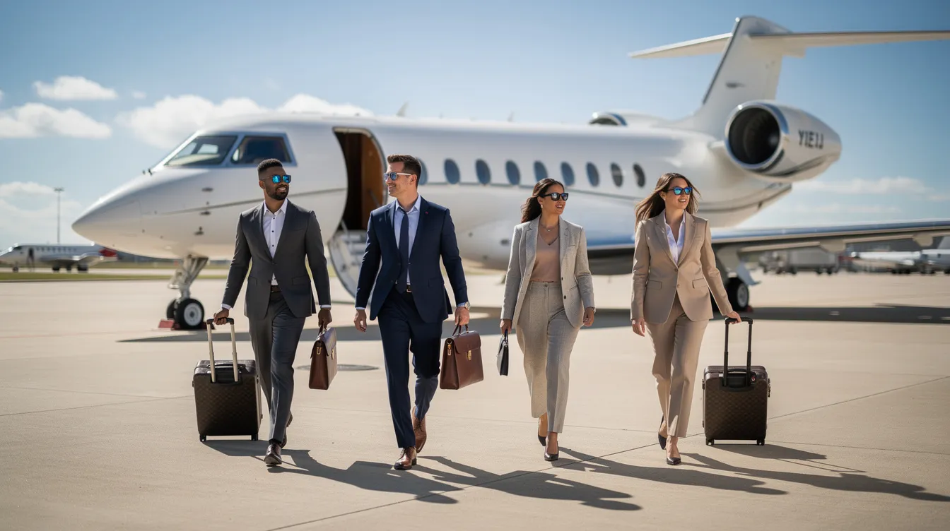 A group of executive travelers is walking away from a private jet under a bright sun, with palm trees swaying in the background, likely near Witham Field Airport in Stuart, FL. The scene captures the essence of luxury travel, emphasizing the convenience and accessibility of nearby airports such as Palm Beach International Airport.