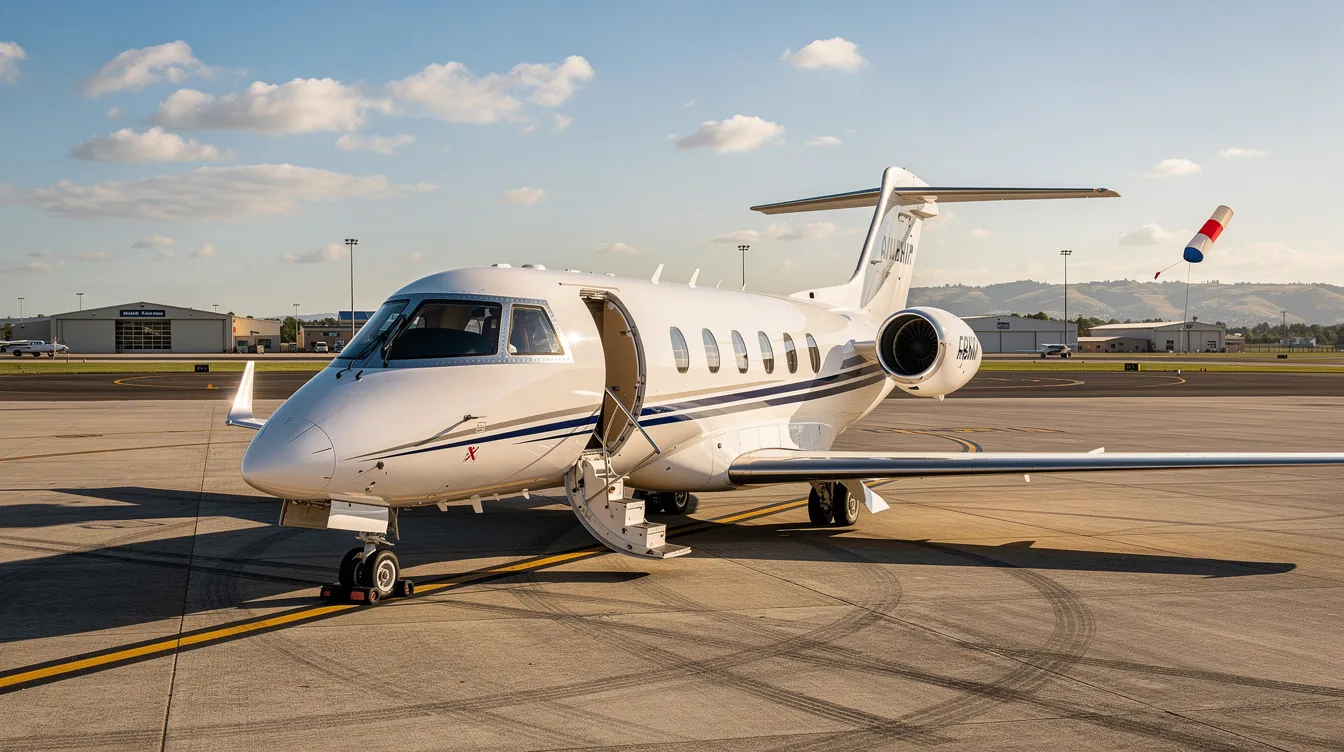 A small business jet is parked on the tarmac at Witham Field Airport in Stuart, Florida, surrounded by trees and open land. The scene captures the essence of general aviation, highlighting the airport's convenient access and its proximity to nearby airports like Palm Beach International Airport.