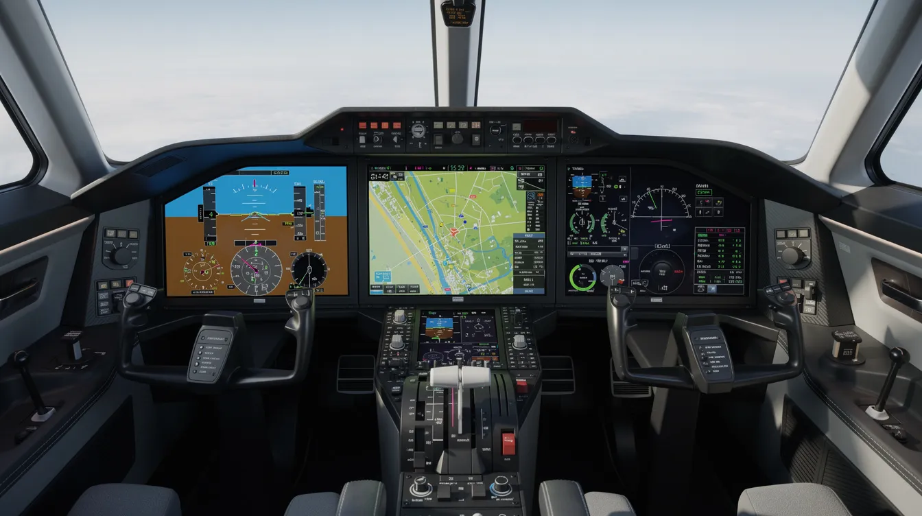 The image depicts a modern glass cockpit featuring sleek digital flight displays with minimal physical switches, designed for enhanced functionality and efficiency in jet aircraft like the Eclipse 500. This advanced cockpit design emphasizes safety and user-friendly navigation for pilots, aligning with the standards of the Eclipse Aviation Corporation.