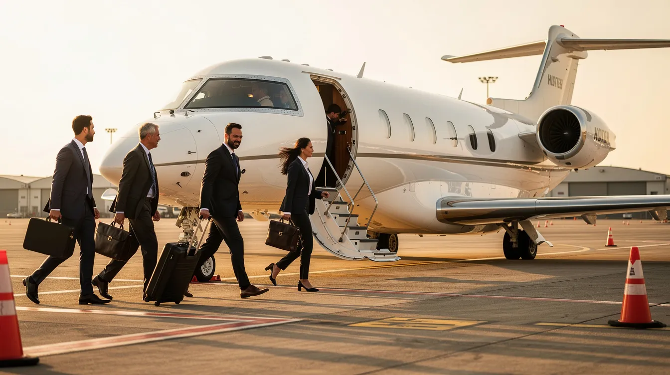 A group of business travelers in suits is boarding a small private jet, specifically an Eclipse 500, known for its fuel efficiency and sleek design. The aircraft, a light jet with a standard all-leather interior, is preparing for takeoff, showcasing the convenience and luxury of air travel for corporate professionals.