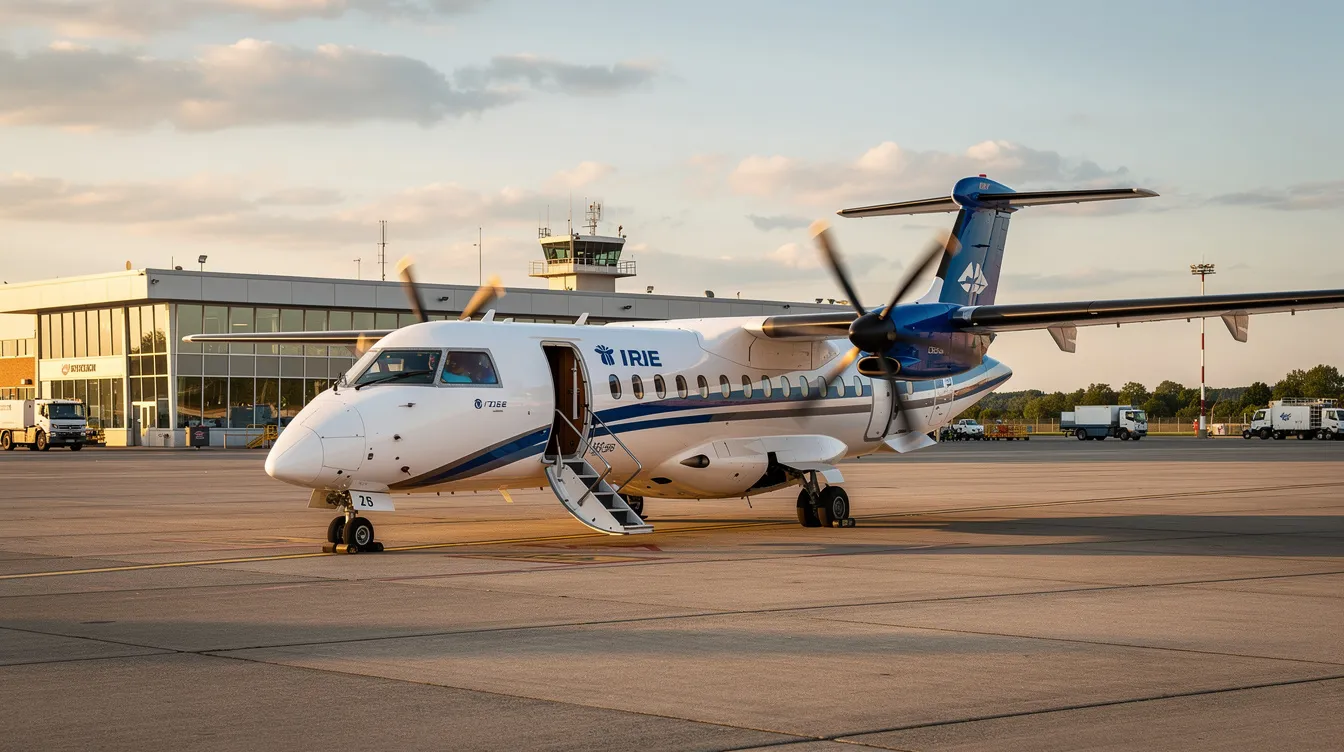 A turboprop aircraft, possibly a Saab 340, is parked on the tarmac of a small regional airport, with a terminal building visible in the background. The scene captures the unique design and operational flexibility of the aircraft, highlighting its role in regional flights and charter services.