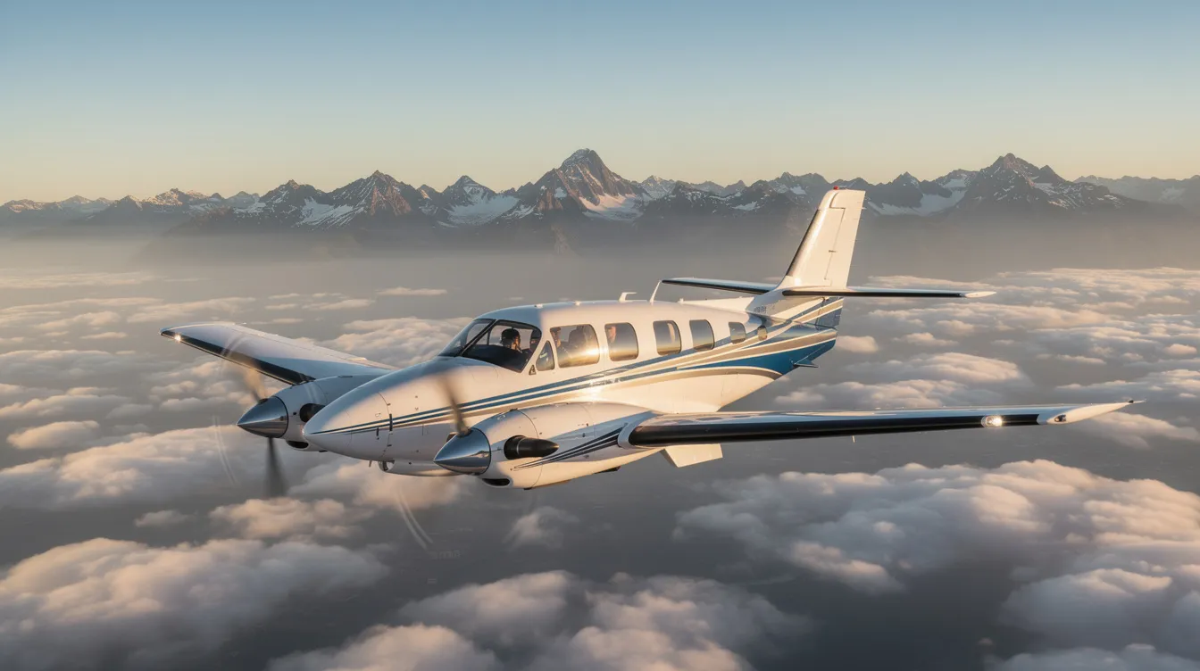 A Beechcraft Baron 58 twin-engine aircraft is soaring above scattered clouds, with majestic mountains visible in the background. This fully equipped aircraft features a pressurized cabin and is designed for comfortable seating, making it an excellent choice for travel.