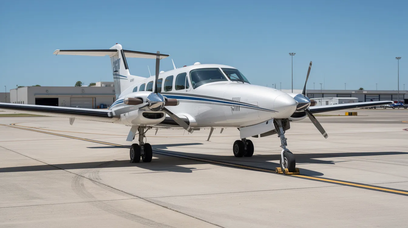 A small twin-engine Beechcraft Baron 58 is parked on the airport tarmac under a clear blue sky, showcasing its sleek design and glass cockpit. The fully equipped aircraft features a pressurized cabin and comfortable seating for six, highlighting its impressive baggage capacity and turbocharged engines.