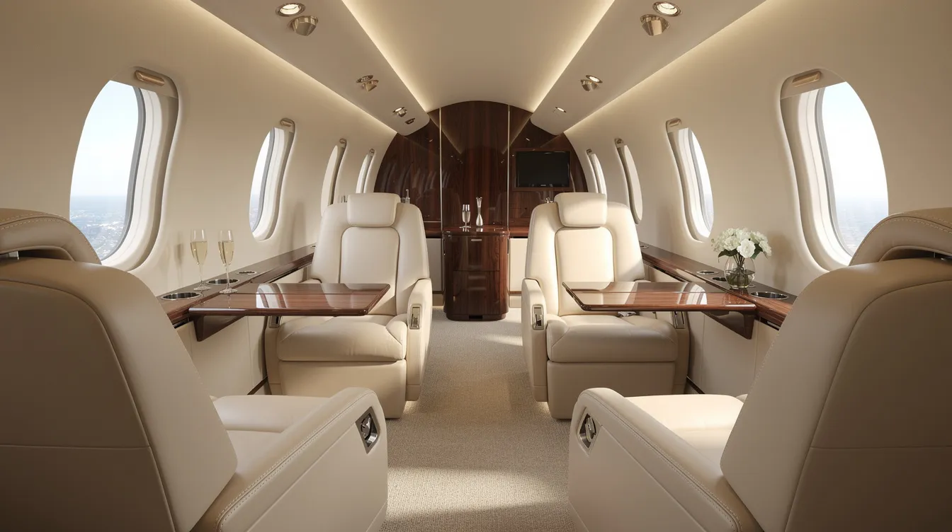The image showcases a luxurious aircraft interior featuring beautifully furnished leather seats with wood trim details, designed for comfort and style. This fully equipped aircraft, resembling the Beechcraft Baron 58, offers a pressurized cabin and spacious seating arrangement, ideal for an elegant flying experience.