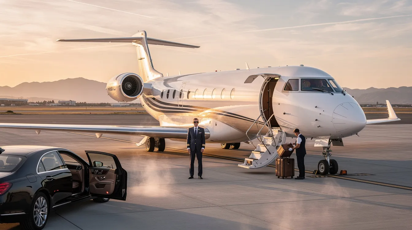 The image showcases a sleek private jet parked at Westchester County Airport, with the main terminal visible in the background. This airport, just a short drive from downtown White Plains, serves as a hub for private aviation, offering quick access for travelers to various destinations.