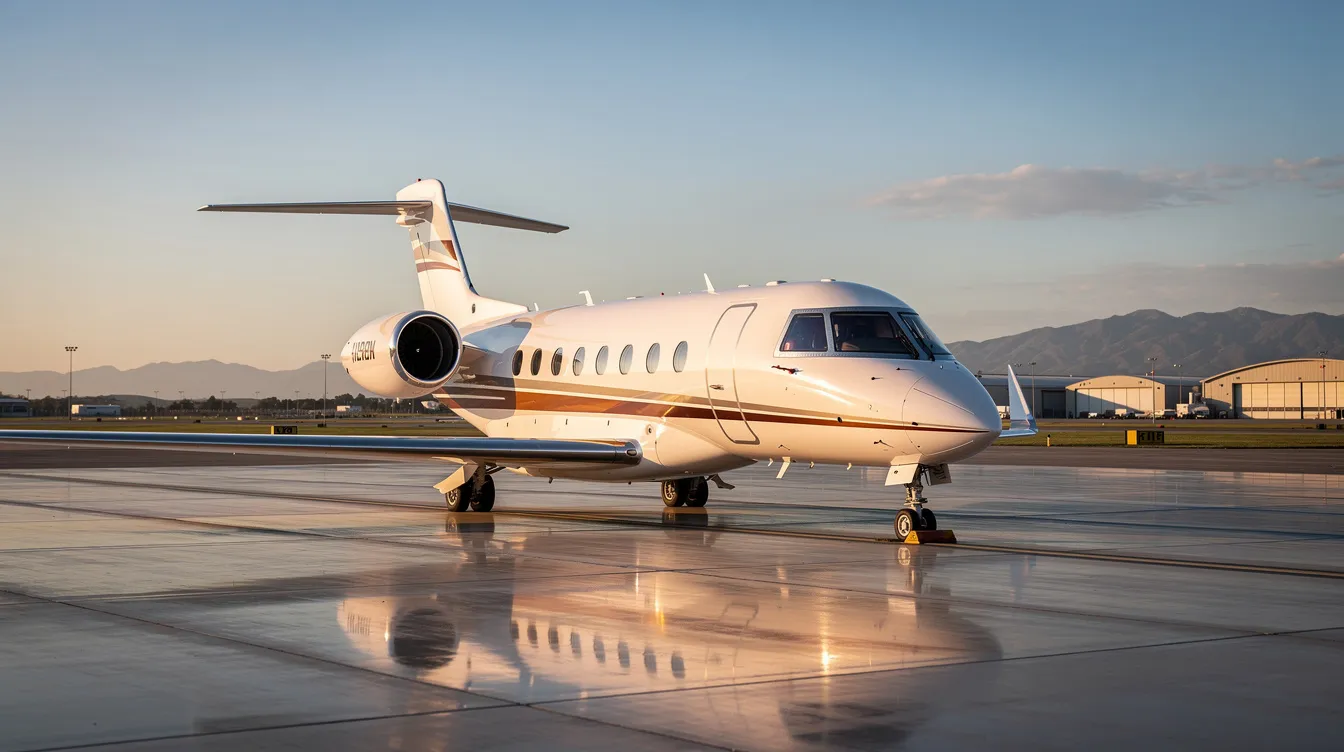 The image depicts a sleek private aviation jet parked on the tarmac at Westchester County Airport, surrounded by the airport's facilities. This location, just a short drive from downtown White Plains, serves as a convenient hub for travelers seeking efficient access to major destinations.