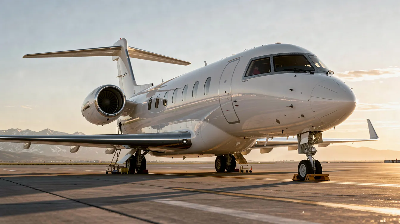 The image depicts a sleek private aviation jet parked on the tarmac at Westchester County Airport, surrounded by the airport's facilities. This location, just a short drive from downtown White Plains, serves as a convenient hub for travelers seeking efficient access to major destinations.