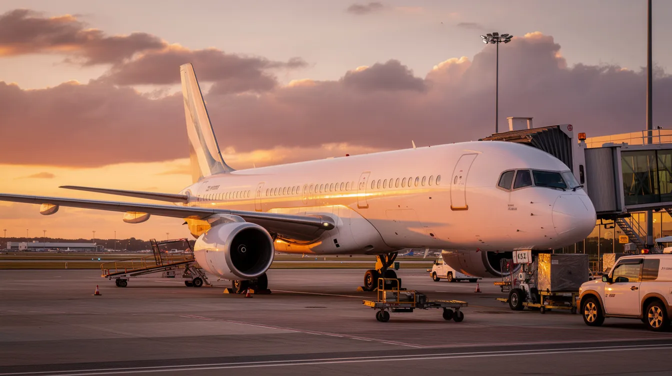 A Boeing 757 aircraft is parked at an airport gate, illuminated by the warm hues of a sunset. The scene captures the essence of aviation, with the plane representing a vital connection for northern pacific airways to various destinations.