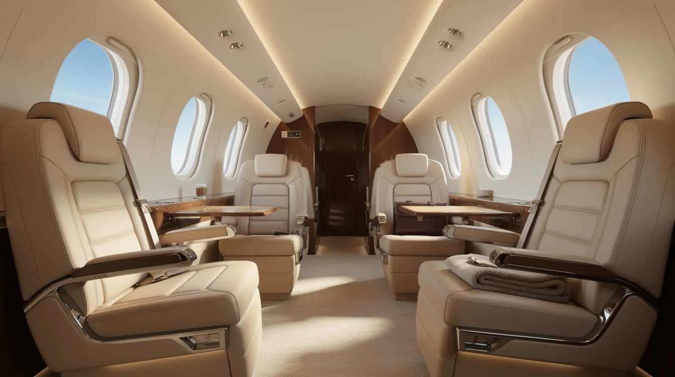 The image depicts the interior of a modern private jet cabin, featuring plush leather seats arranged in a spacious layout, ideal for luxury travel. This elegant setting reflects the sophistication associated with premium airlines like Northern Pacific Airways, offering a comfortable atmosphere for passengers.