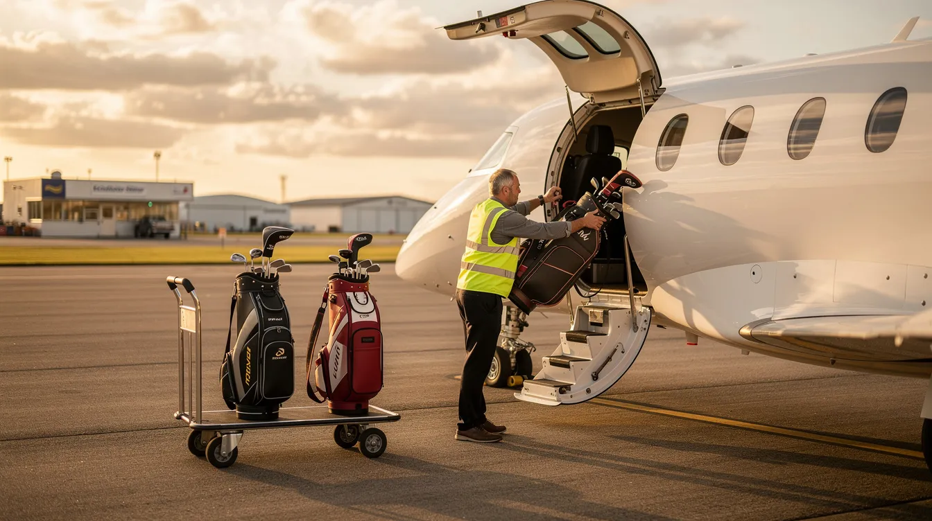 Golf bags are being loaded onto a private jet at Myrtle Beach International Airport, preparing for a trip to one of the world-class golf courses in Myrtle Beach, South Carolina. The scene captures the excitement of private jet travelers ready to enjoy a day of golf in this popular destination.