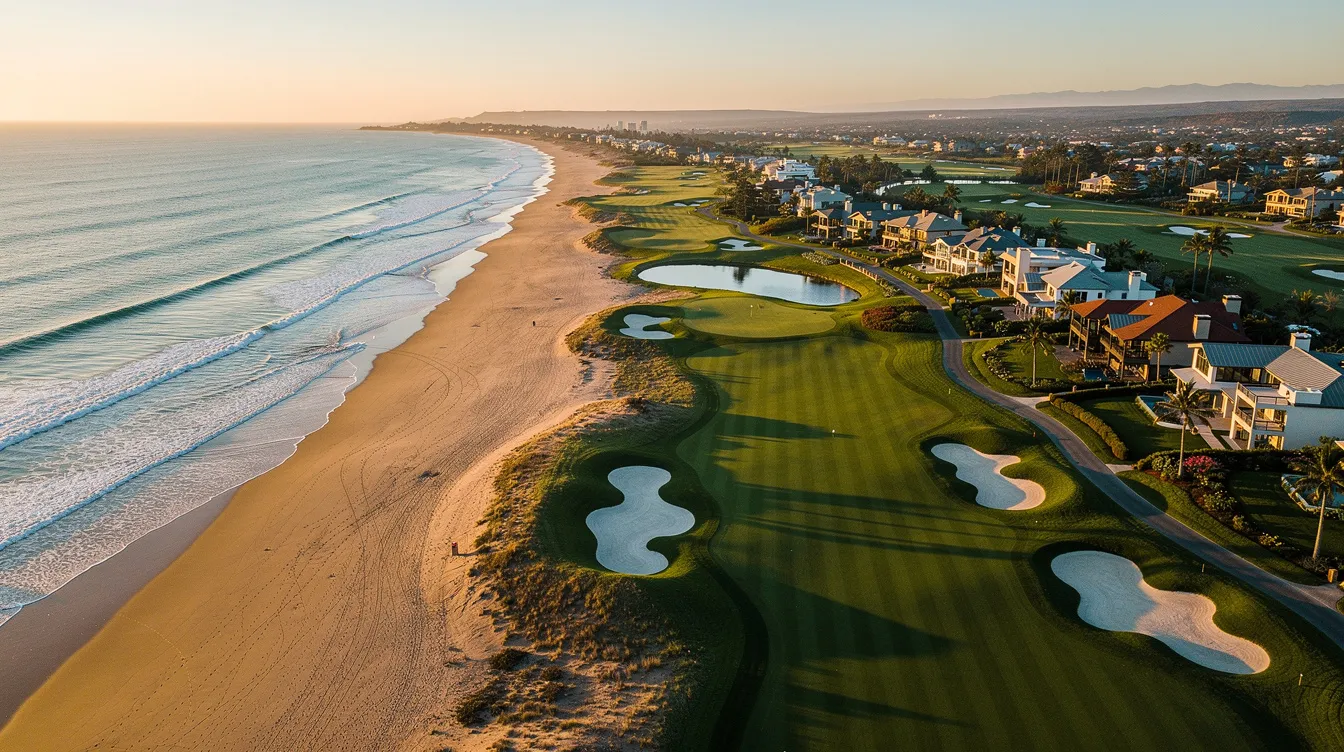 An aerial view showcases the sandy coastline of Myrtle Beach, South Carolina, dotted with luxurious coastal homes and lush golf fairways. This picturesque scene highlights the area's appeal as a top destination for private jet travelers seeking world-class golf courses and beautiful beach access.