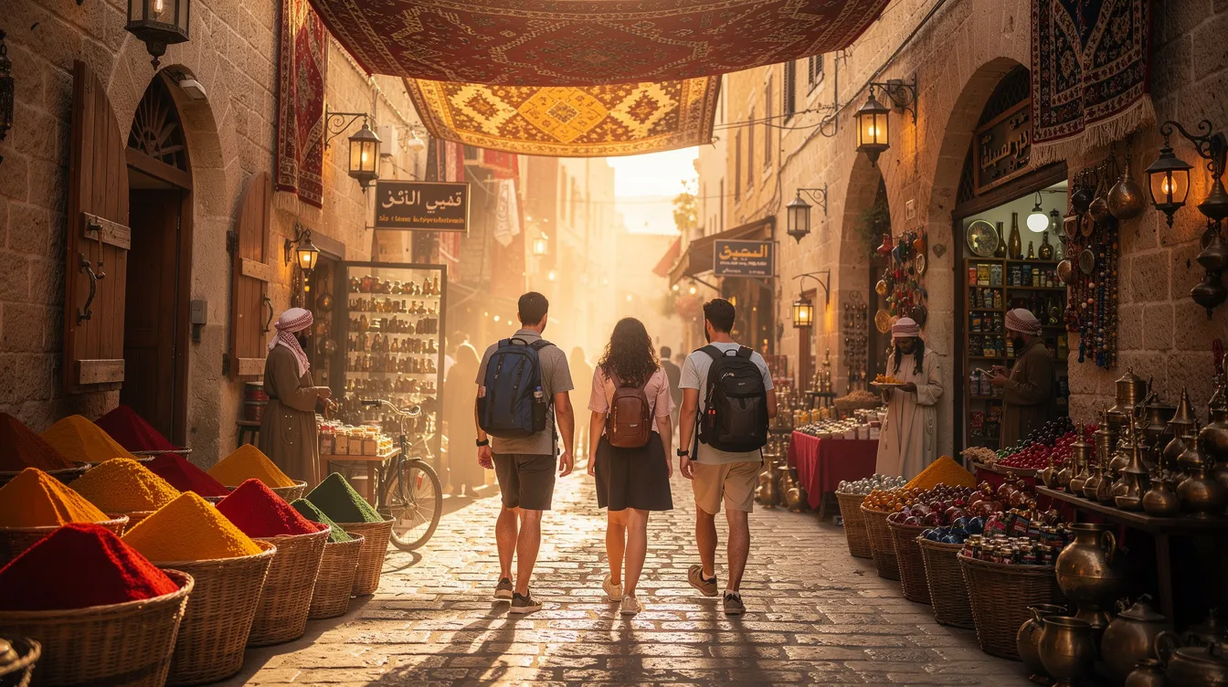 Travelers stroll through a historic stone market street in the Middle East, surrounded by vibrant stalls and the rich heritage of the region. This scene captures the essence of exploration and adventure, inviting visitors to discover the unforgettable travel experiences offered by Jett Travel Agency.