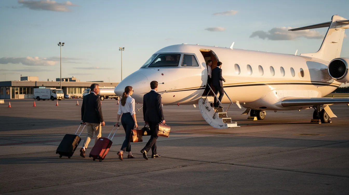 A small group of travelers is boarding a private aircraft at a quiet regional airport, showcasing a seamless journey facilitated by Jett Travel Agency. The scene reflects the personalized service and comprehensive support that clients can expect when booking flights and travel packages.