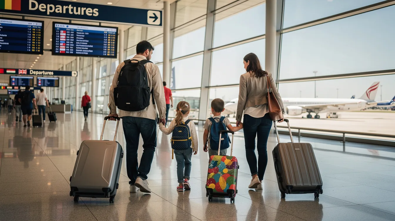 A family is seen walking through a bustling airport terminal, each member carrying luggage as they prepare for an international trip. They appear excited, ready to embark on their journey, possibly with the support of Jett Travel Agency for their flight bookings and travel packages.