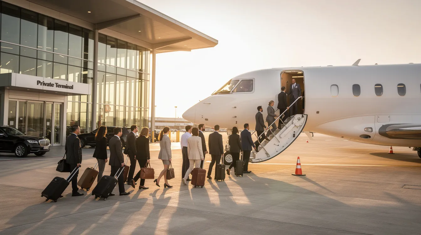A large group of passengers is boarding a Boeing 767 private jet through a dedicated terminal, showcasing the luxurious amenities of private aviation. The aircraft, configured for long haul routes, features multiple living spaces, including a dining room and a conference room, designed to accommodate sports teams and business travelers.