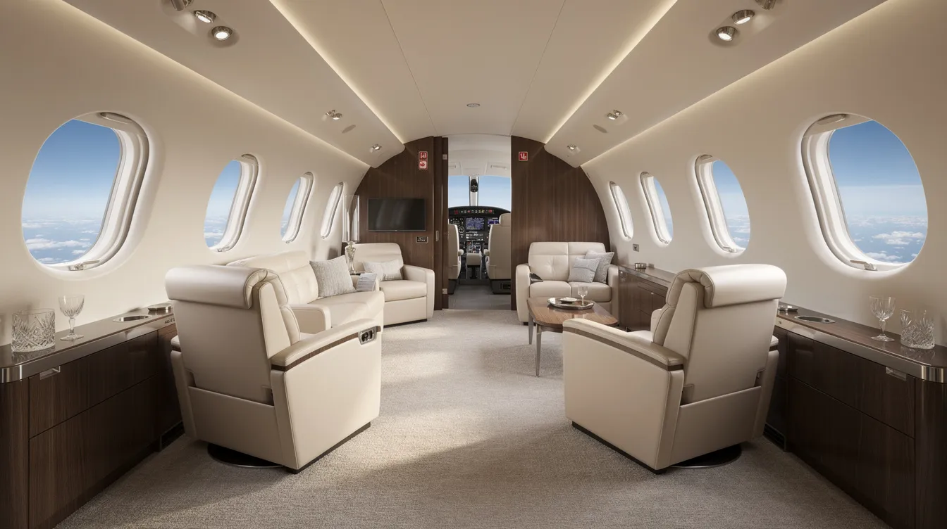The image showcases a spacious private jet cabin, featuring lounge seating and large windows that offer stunning views of the sky. This luxurious interior is designed for comfort on long haul routes, perfect for business jets and VIP completions, with multiple living spaces that enhance the flying experience.