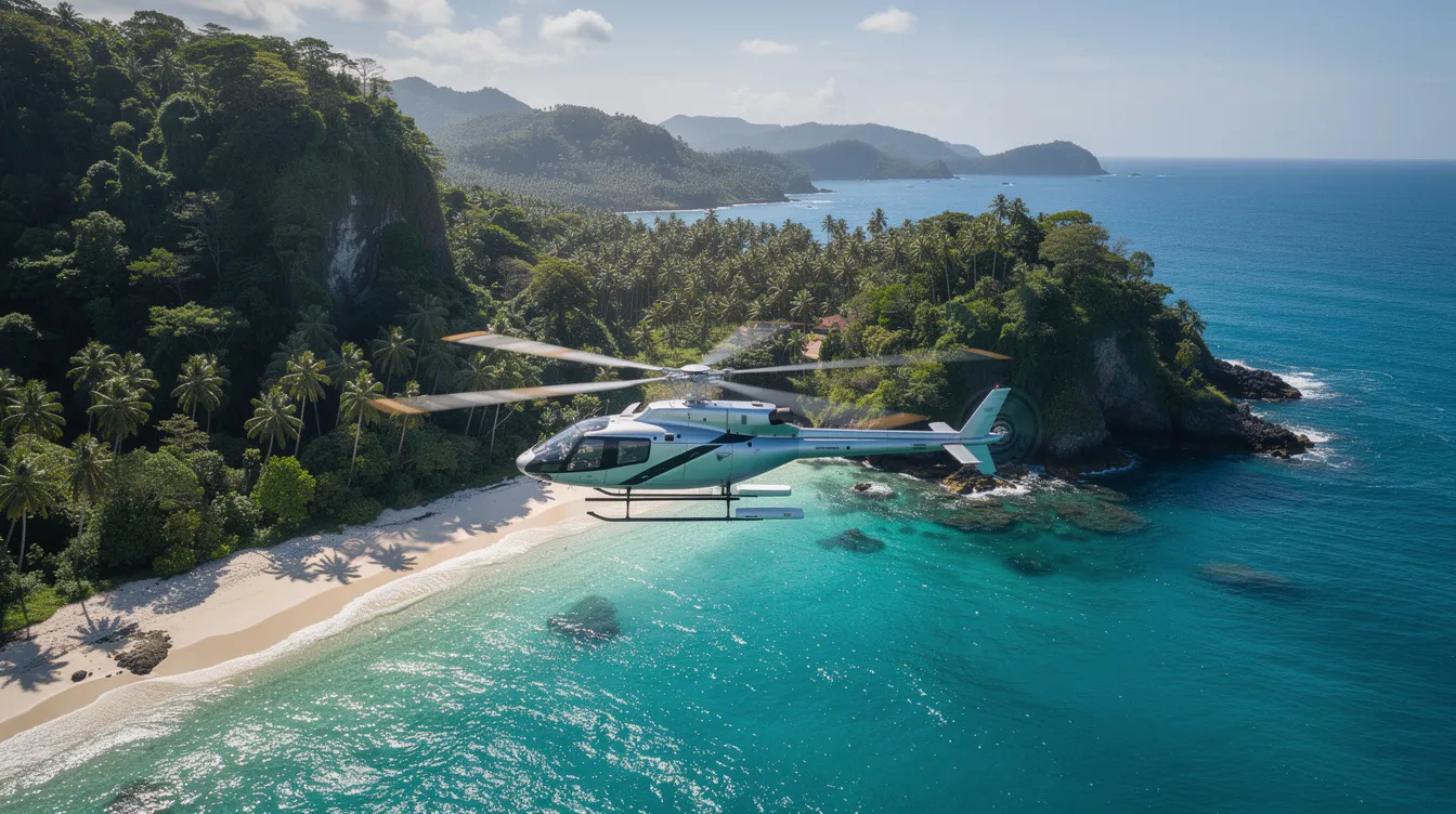A helicopter soars above a stunning coastline, revealing lush tropical forests and crystal clear waters below. This breathtaking view showcases the pristine beaches of Indonesia, making it a perfect destination for leisure travelers seeking adventure in Southeast Asia.