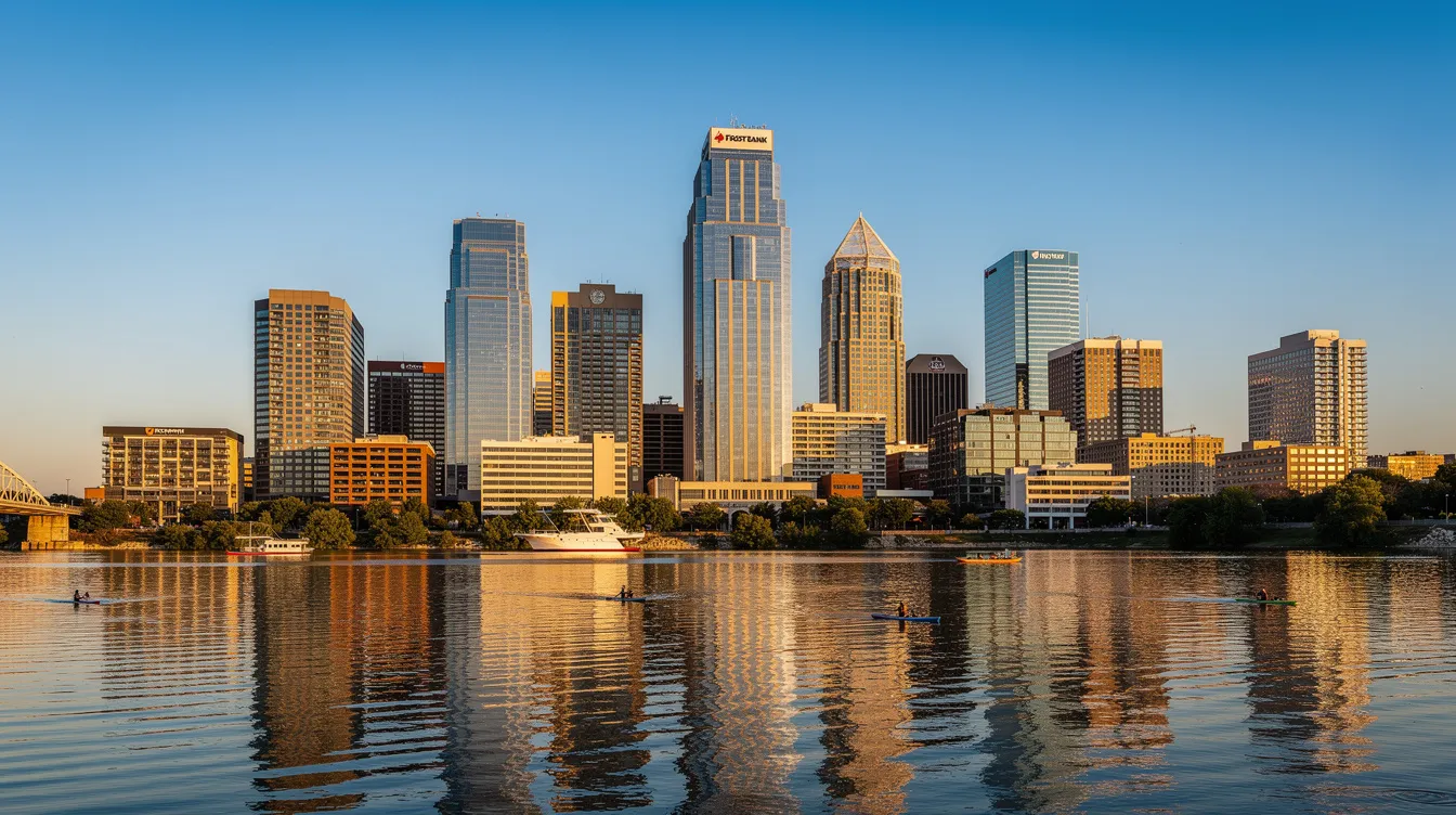 The image showcases the vibrant downtown Austin skyline featuring modern buildings against a clear blue sky, highlighting the city's dynamic architecture. This view captures the essence of Austin, Texas, a hub for business and aviation services, including the nearby Austin Executive Airport.