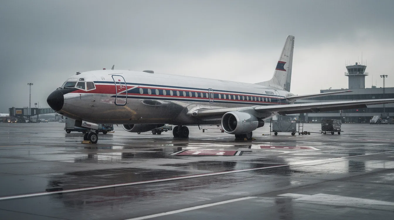 A vintage commercial aircraft is parked on the airport tarmac under overcast skies, showcasing its classic design and markings. This scene reflects a moment in aviation history, reminiscent of the operations of airlines like Arrow Air, known for their cargo services and involvement in the aviation industry.