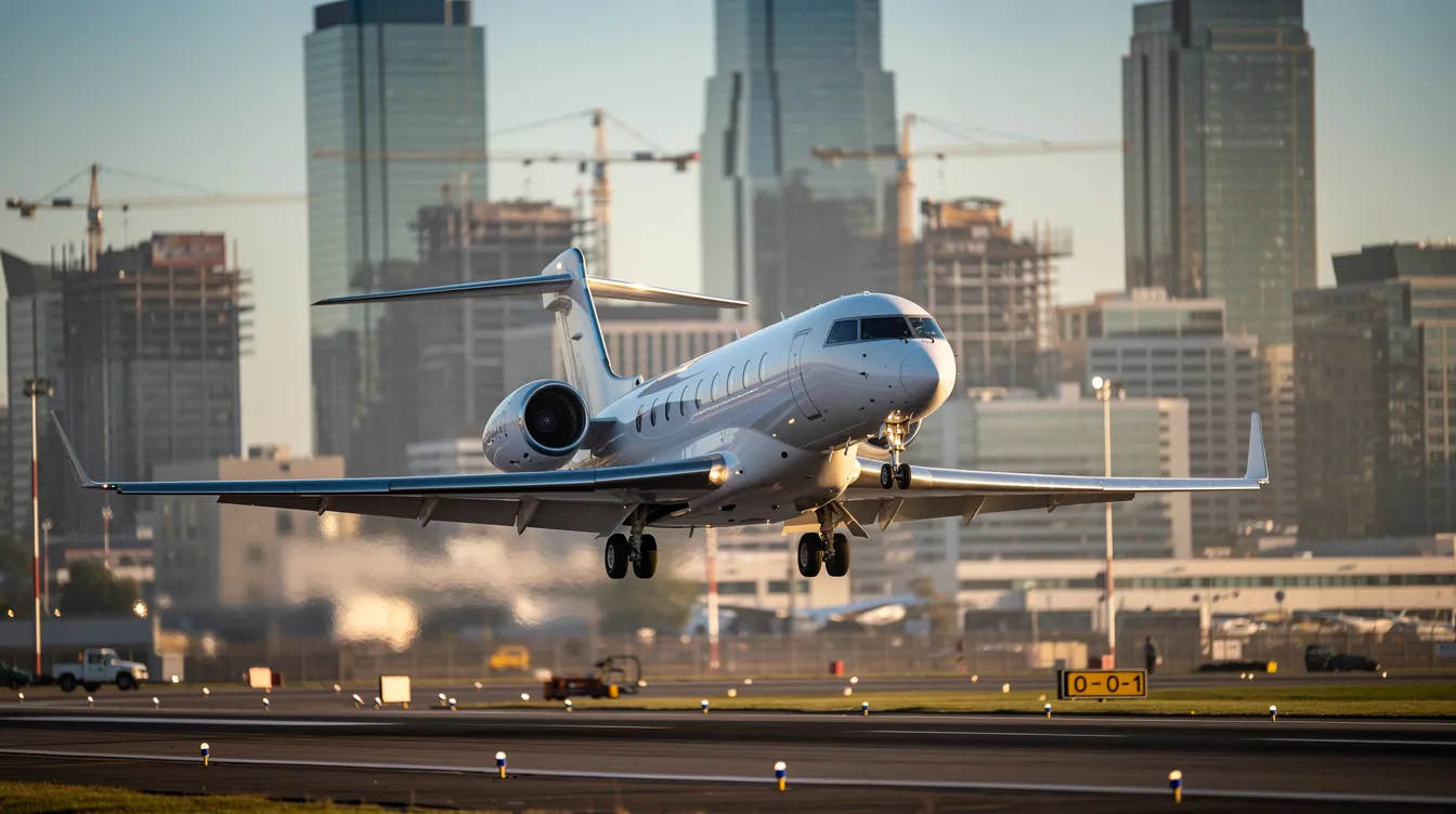 A modern business jet is taking off from a city airport, showcasing its sleek design and powerful engines during the takeoff roll. The scene captures the excitement of aviation operations as the aircraft ascends into the sky, symbolizing the dynamic nature of the aviation industry.