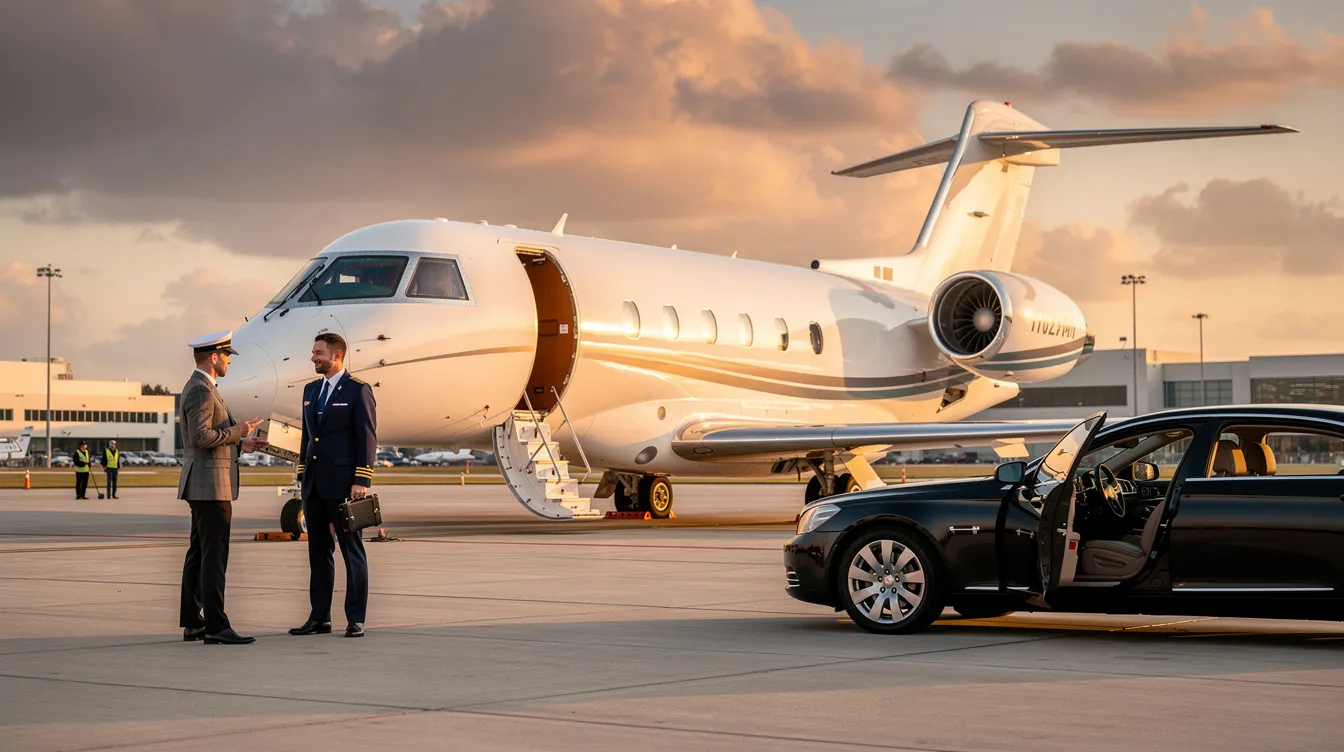 The image depicts a sleek private jet on the tarmac at Miami International Airport, representing the luxury and efficiency of private aviation services. This aircraft is part of Arrow Air's fleet, showcasing their commitment to cargo service and international freight operations in the aviation industry.