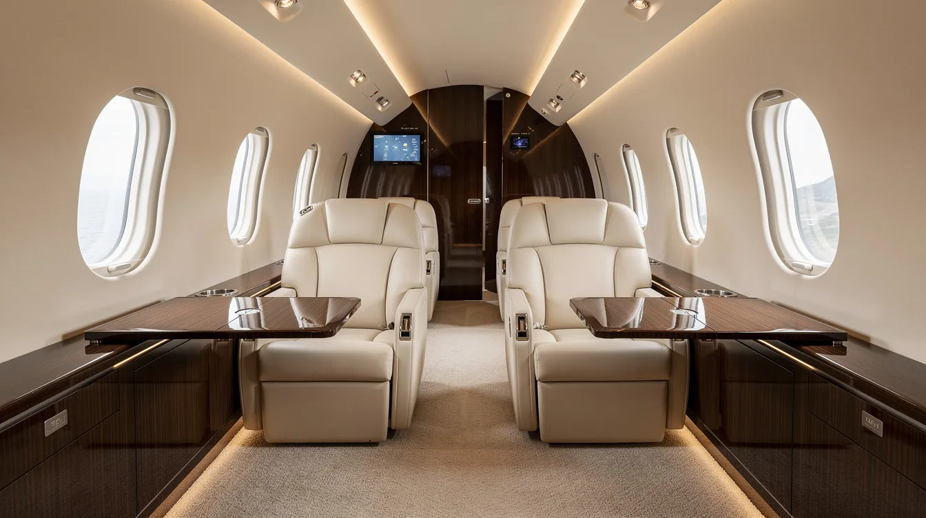 The image depicts the luxurious interior of a private jet cabin, featuring quiet seating designed for comfort and privacy, ideal for business travelers flying to Zurich. The elegant design and personalized service create a serene atmosphere for those seeking a premium travel experience.