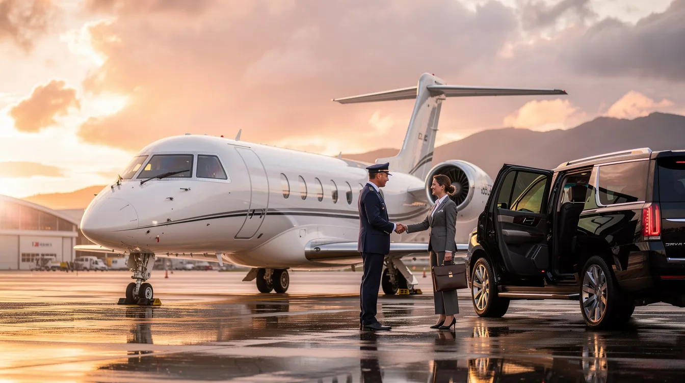 The image showcases a sleek private jet parked at Zurich Airport, with the stunning backdrop of the Swiss Alps in the distance. This luxurious aircraft represents the epitome of private aviation, catering to business travelers seeking personalized service and comfort in their private jet charter experience.