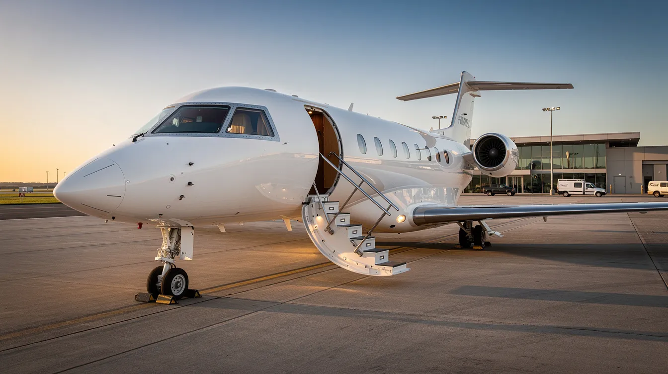 A private jet is parked at a luxurious private terminal, with its stairs extended, ready for passengers boarding. This scene highlights the convenience of private jet travel, offering immediate access and guaranteed availability for those utilizing jet card programs.