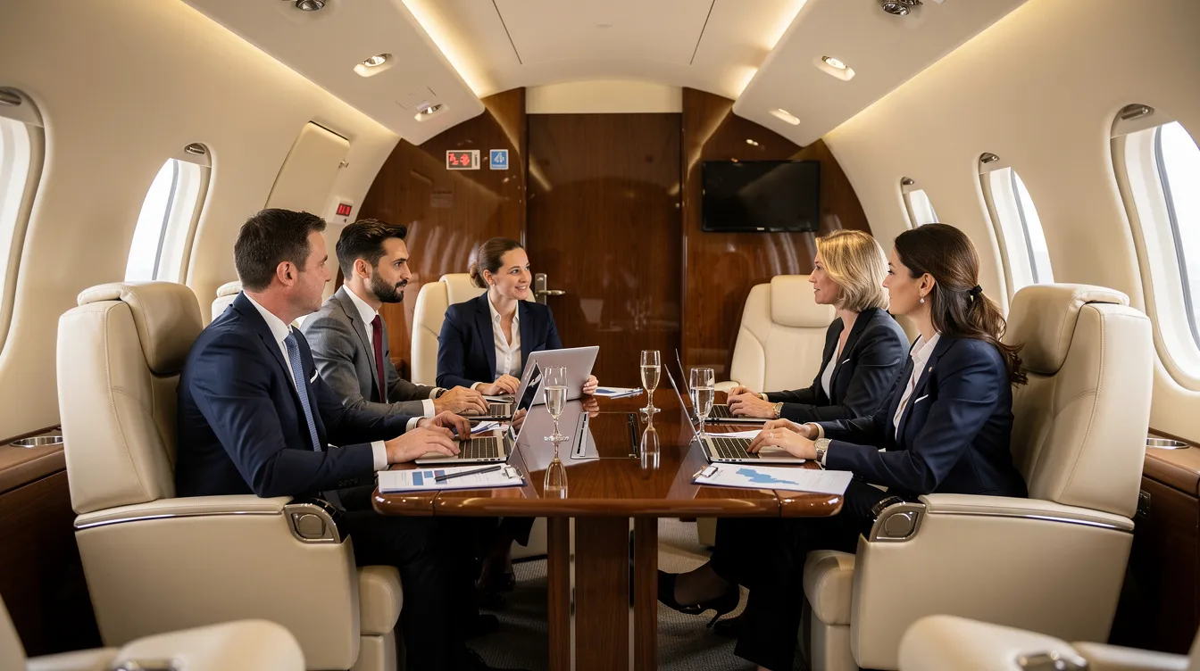 An executive team is engaged in a discussion inside a luxurious private jet cabin, showcasing the elegance and comfort of private aviation. This setting highlights the benefits of jet card programs, offering guaranteed access and fixed hourly rates for private jet flights, ideal for business and leisure travelers alike.