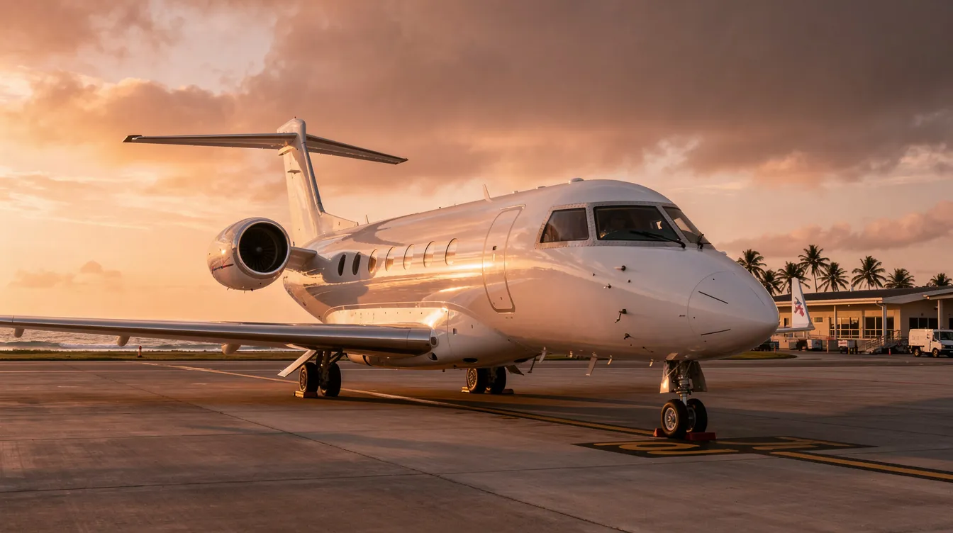 A large Embraer Lineage 1000E private jet is parked near a coastal airport, bathed in the warm hues of a sunset. The aircraft, known for its luxurious cabin zones and ultra long range capabilities, stands out against the picturesque backdrop, ready for its next journey.