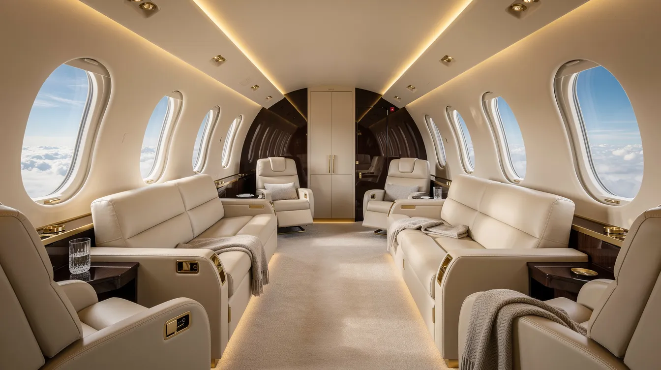 The image depicts the luxurious cabin of an Embraer Lineage 1000E private jet, featuring spacious lounge seating and large windows that provide ample natural light. This elegant interior is designed for comfort and style, accommodating up to eight passengers in five distinct cabin zones, perfect for a lavish in-flight experience.