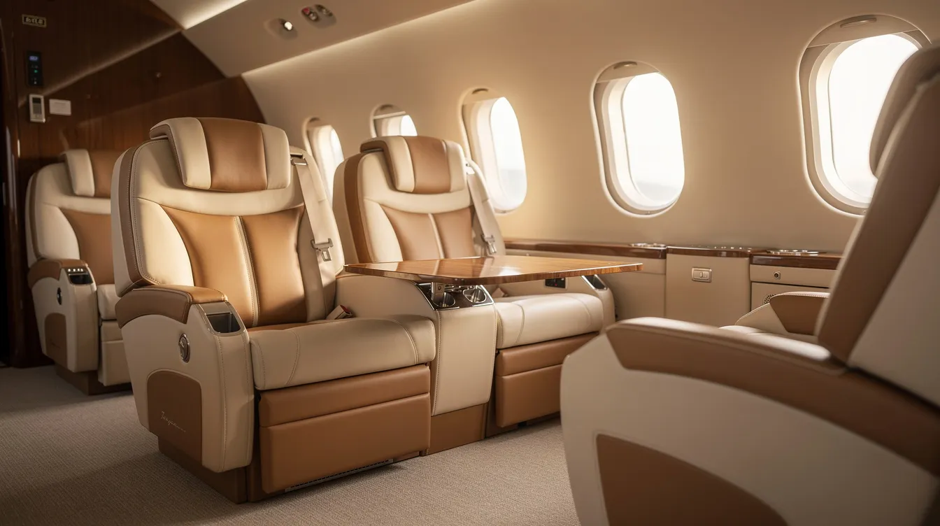 The image depicts a comfortable private jet cabin featuring luxurious leather seats illuminated by natural light streaming through the windows. This inviting space is ideal for private jet travel, offering a serene environment for passengers enjoying their flight.