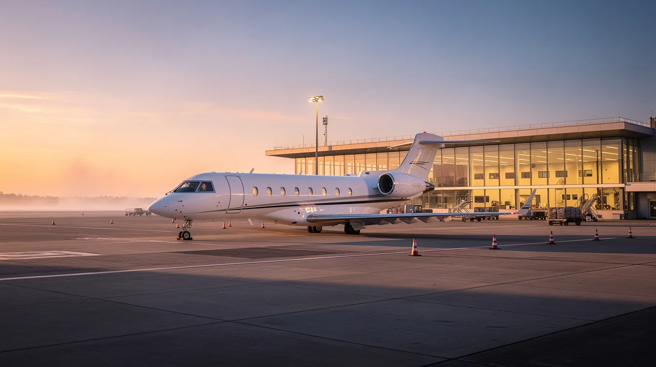 A private jet is parked near a quiet terminal, bathed in the warm glow of sunrise, showcasing the luxury of private aviation. This serene scene highlights the appeal of private jet charter services, offering travelers a tranquil start to their journey.