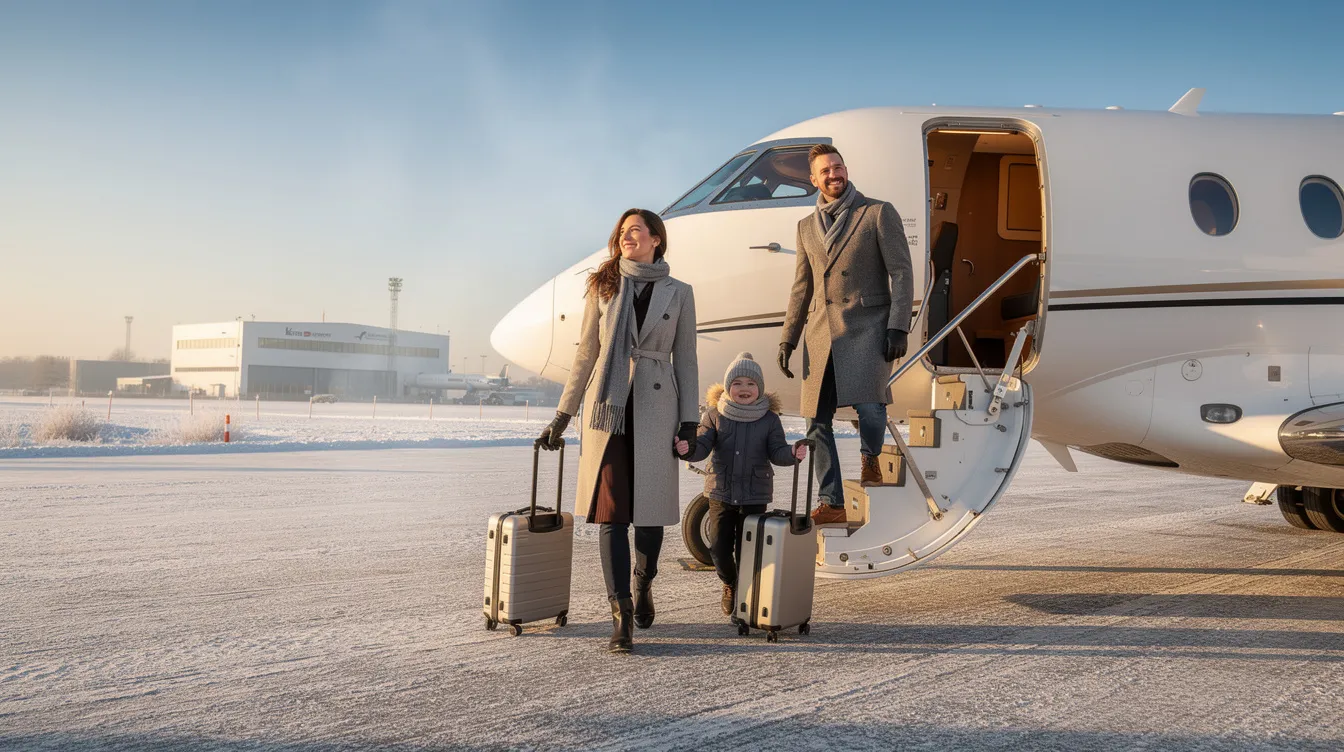 A family is seen boarding a private jet on a clear winter morning, showcasing the ease and luxury of private aviation. This scene highlights the convenience of private jet travel, perfect for those looking to avoid the hassles of commercial air travel.
